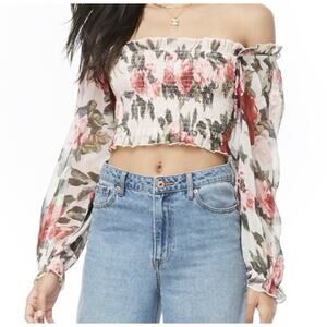 JJ’s Fairyland Smocked Crop Top Womens Medium Floral Fairycore Off The Shoulder